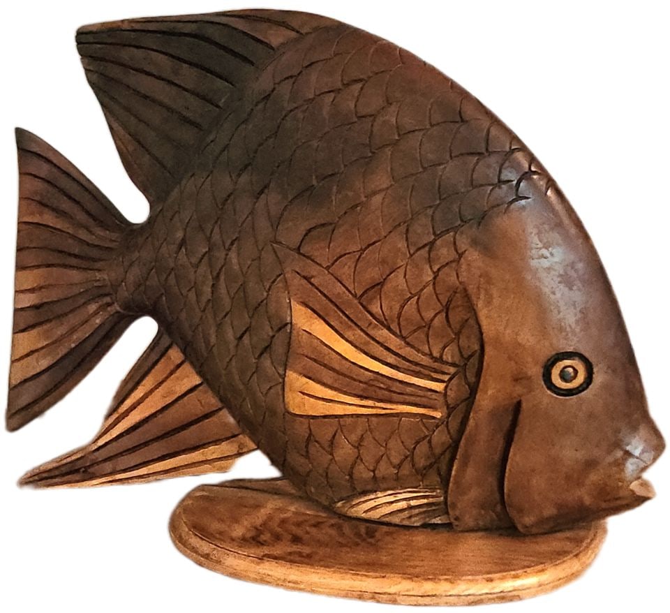 Monumental vintage mid-century hand carved mahogany wood surreal fish sculpture. 30"× 20" - 5