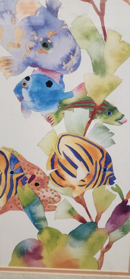 1 of 2 vintage prints of Tracy Taylor watercolor featuring collage of brilliantly colored fish - 2