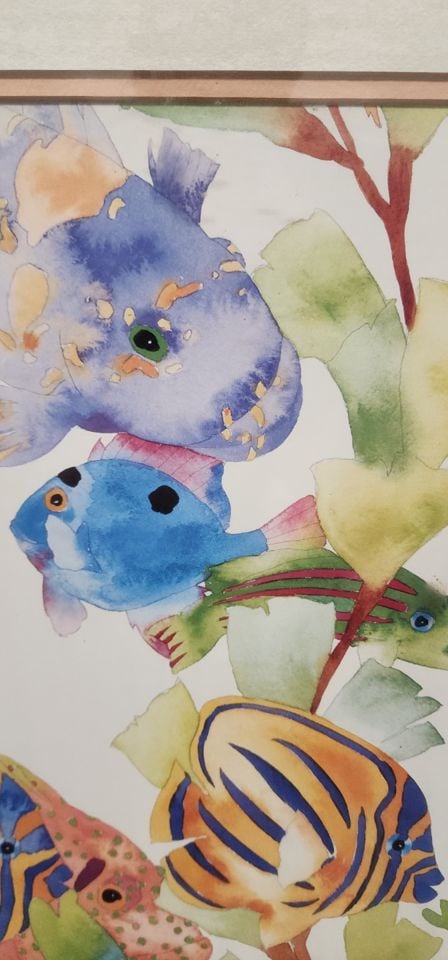 1 of 2 vintage prints of Tracy Taylor watercolor featuring collage of brilliantly colored fish - 3