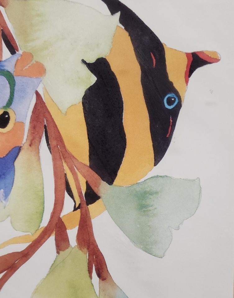 2 of 2 vintage prints of Tracy Taylor watercolor featuring collage of brilliantly colored fish. - 2