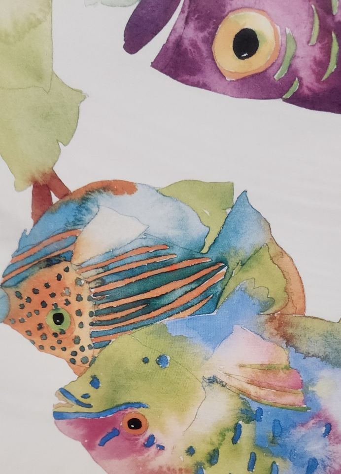 2 of 2 vintage prints of Tracy Taylor watercolor featuring collage of brilliantly colored fish. - 4