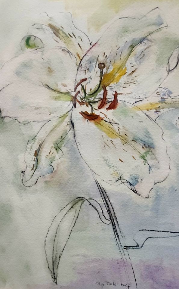 Polly Parker Hoff hand-signed vintage impressionist oil painting of white lilly framed under glass - 2