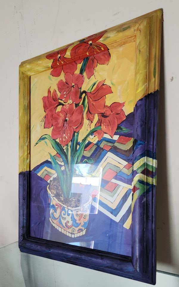 2 of 2 Vintage abstract expressionist paintings under glass w/ hand-painted frame extending image. - 3