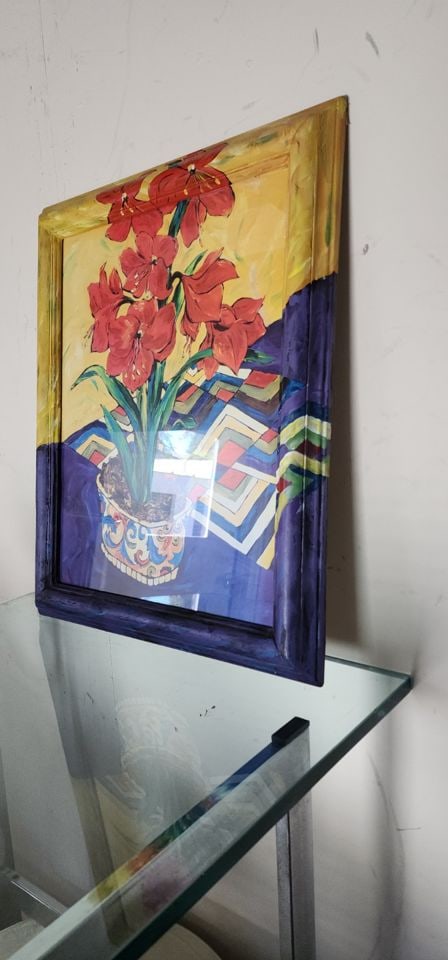 2 of 2 Vintage abstract expressionist paintings under glass w/ hand-painted frame extending image. - 5