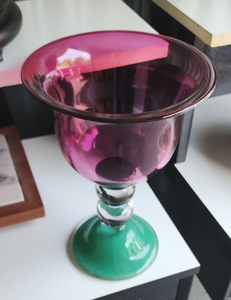 Striking tricolor vintage oversize heavy art glass goblet-style vase. Makes statement in any decor. - 2
