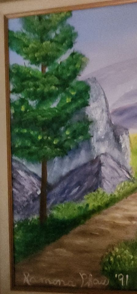 Vintage impressionist landscape oil painting w/ boldly colored imagery. Signed. Circa 1991 - 3