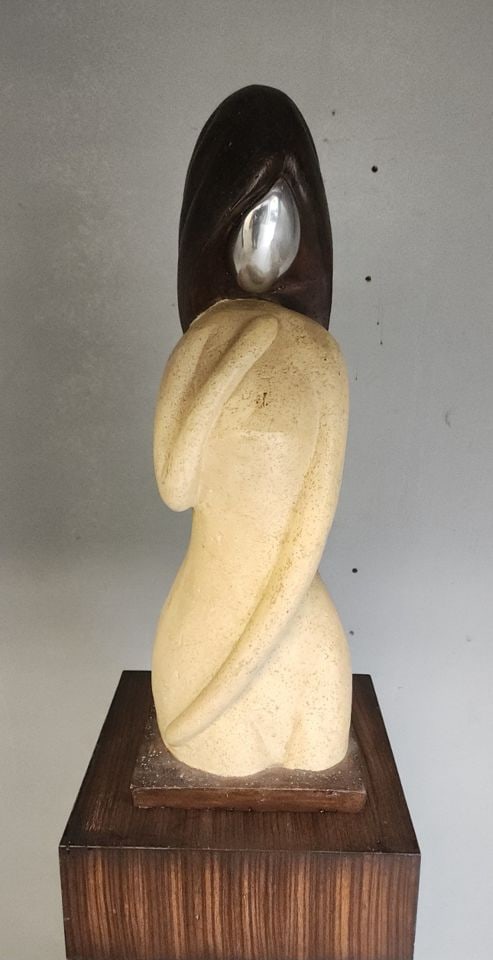 Rare vintage retro abstract hand-painted ceramic sculpture interpreting a female figure. 22h x 9 x 9 - 2