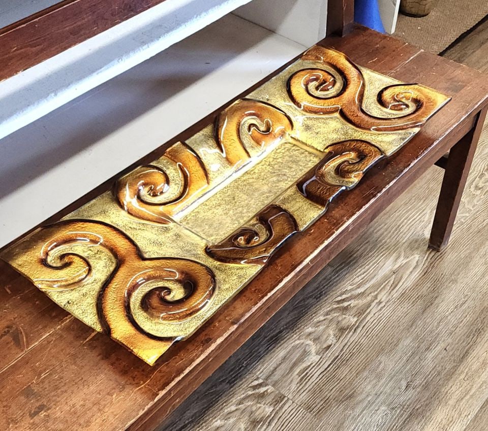 Vintage large mid-century modern heavy glass art centerpiece tray w/ bold sculptural look. 36" x 12" - 2