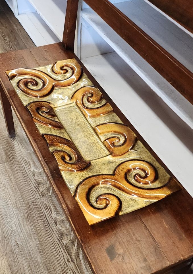Vintage large mid-century modern heavy glass art centerpiece tray w/ bold sculptural look. 36" x 12" - 3