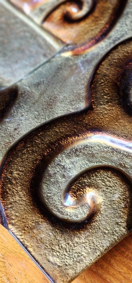 Vintage large mid-century modern heavy glass art centerpiece tray w/ bold sculptural look. 36" x 12" - 5