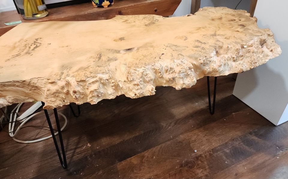 Contemporary organic and sculptural Designed Live Edge Burl Coffee Table w/ mid-century paperclip - 2