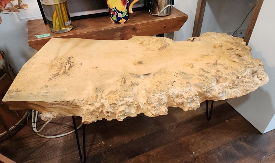 Contemporary organic and sculptural Designed Live Edge Burl Coffee Table w/ mid-century paperclip - 3