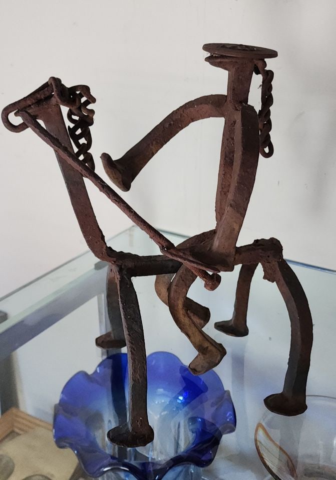 Mid-Century brutalist folk art iron sculpture from horseshoes depicting horse and rider. Circa '68 - 3