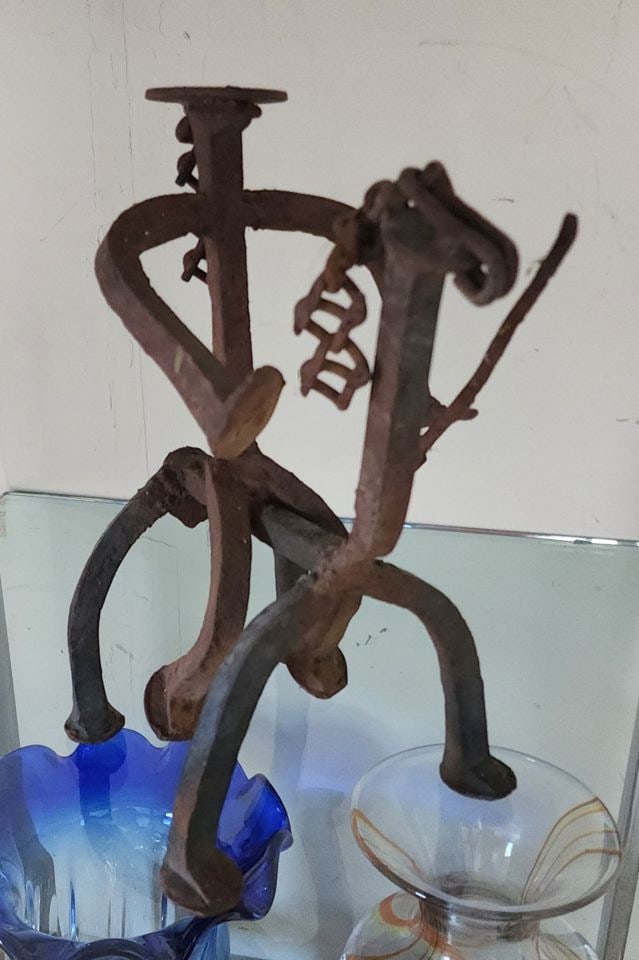 Mid-Century brutalist folk art iron sculpture from horseshoes depicting horse and rider. Circa '68 - 5
