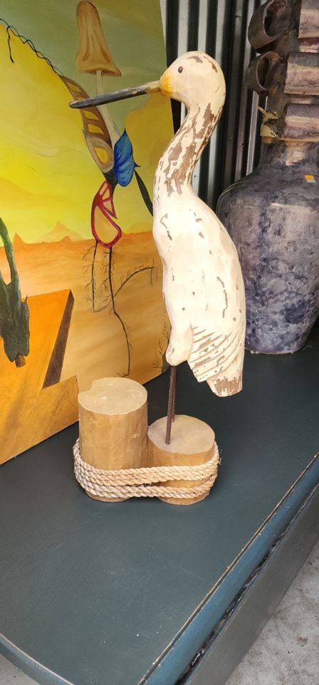 Wonderful wood carved of a crane or heron perched on a roped footing - 2