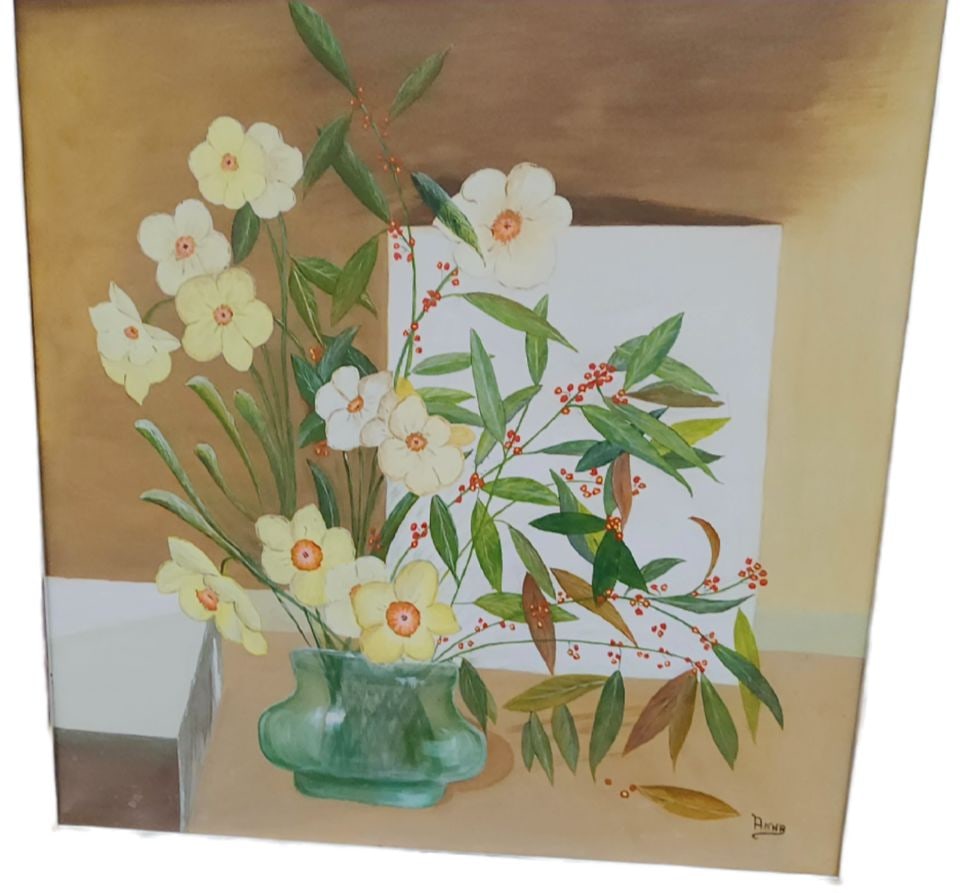 Wonderful mid-century floral impressionist still life oil painting by Anna. Circa '73. Signed. 36x36: Wonderful mid-century floral impressionist still life oil painting by Anna. Circa '73. Signed. 36x36 Shipping: Domestic: Free shipping to anywhere within the contiguous U.S. International: Foreign shi