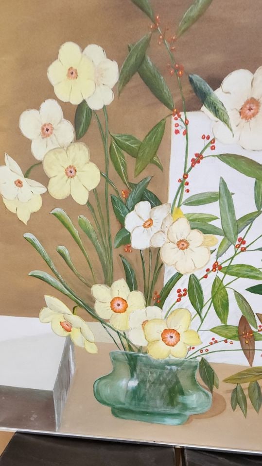 Wonderful mid-century floral impressionist still life oil painting by Anna. Circa '73. Signed. 36x36 - 2