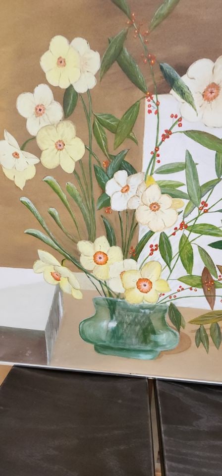 Wonderful mid-century floral impressionist still life oil painting by Anna. Circa '73. Signed. 36x36 - 3