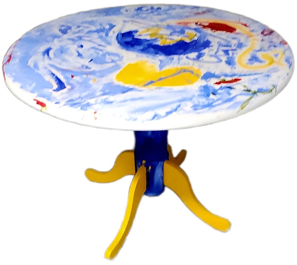 Amazing hand-painted dining table w/ drop leaves... perfect for a kitchen or dinette. 40" diameter. - 4