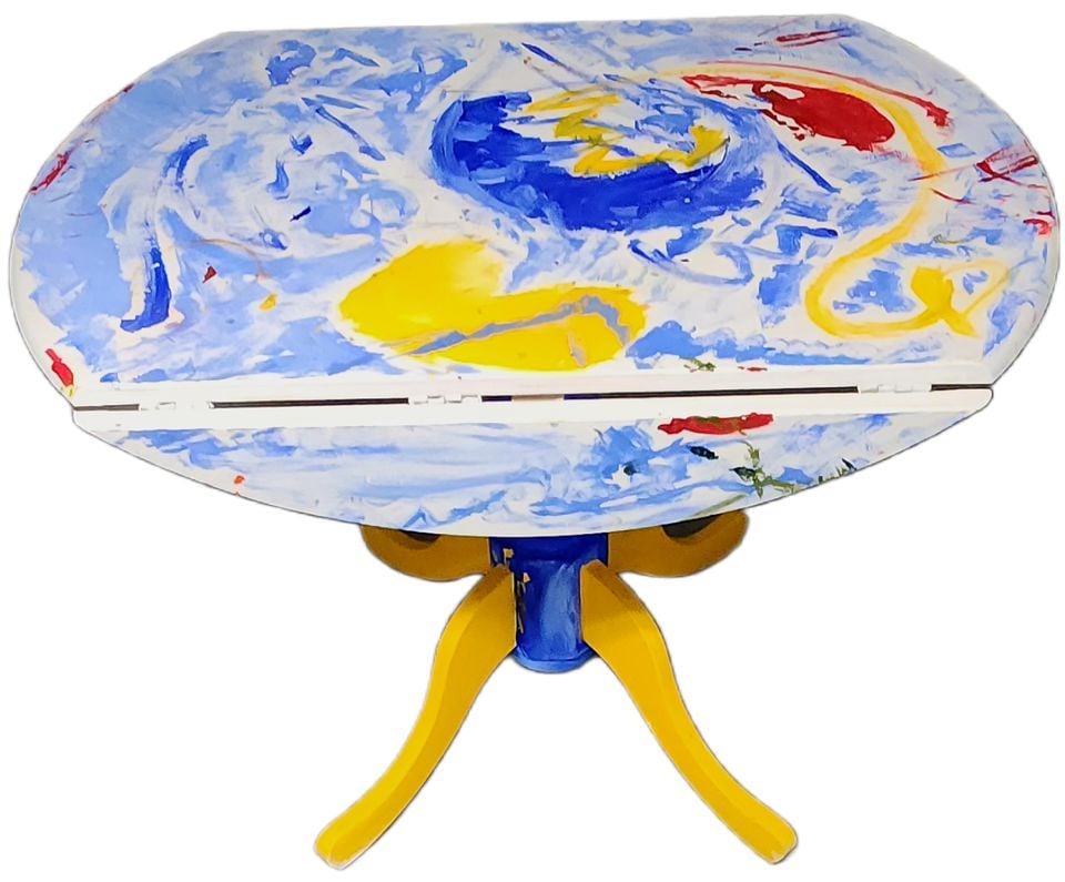 Amazing hand-painted dining table w/ drop leaves... perfect for a kitchen or dinette. 40" diameter. - 6