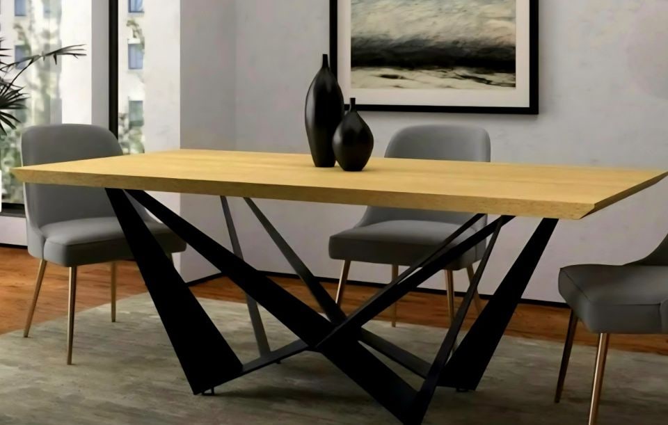 Skorpio custom made vintage modern steel & wood dining table w/ hi-design truncated geometric base. - 4