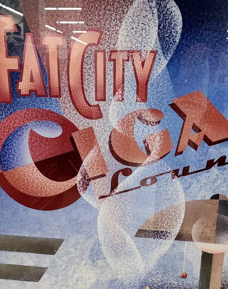 Large vintage art poster titled "Fat City Cigar Lounge" by Michael Kungl. Well framed under glass. - 2