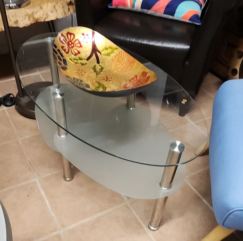 Sculptural contemporary modern three-tier glass & chromed steel coffee table 17" H x 37" W x 19" (1 of 4)