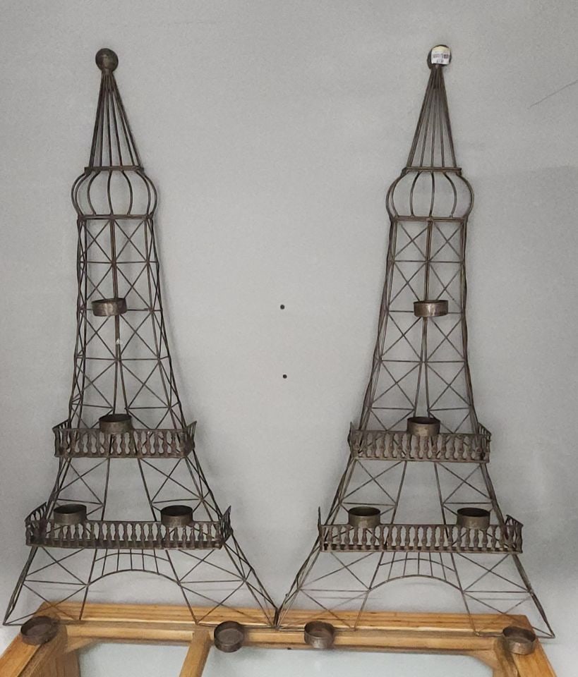 Pair of rare vintage Eiffel Tower brutalist wall sculpture candle holders. 24" tall - 2