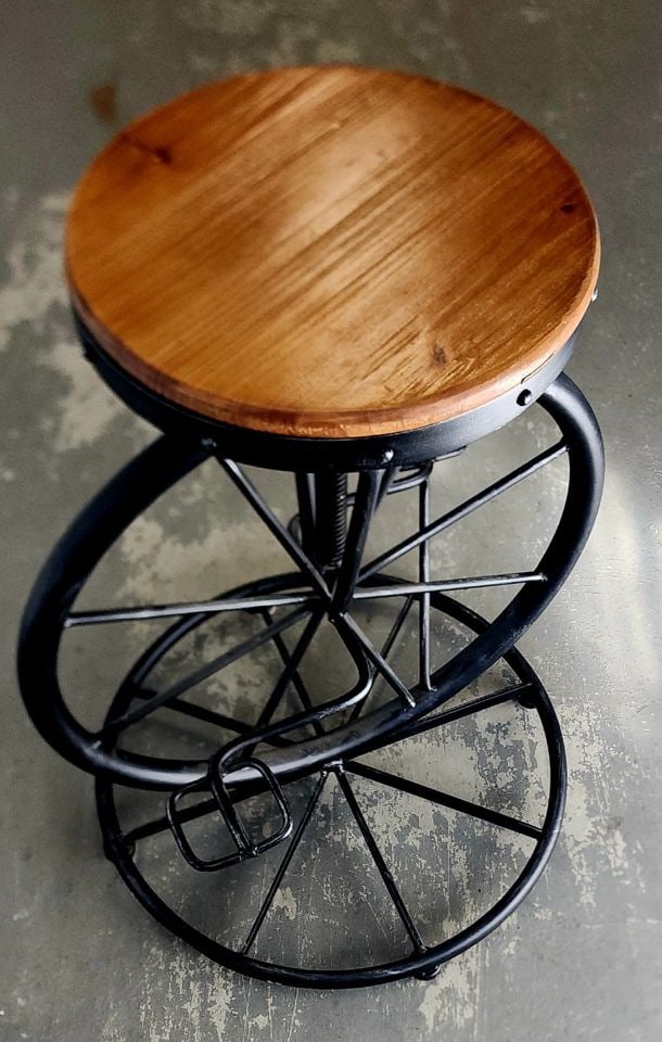 Fantastic vintage handmade iron unicycle style bar stool w/ wooden seat. Perfect for kitchen or den. - 3