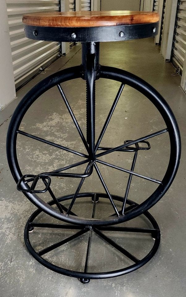 Fantastic vintage handmade iron unicycle style bar stool w/ wooden seat. Perfect for kitchen or den. - 4