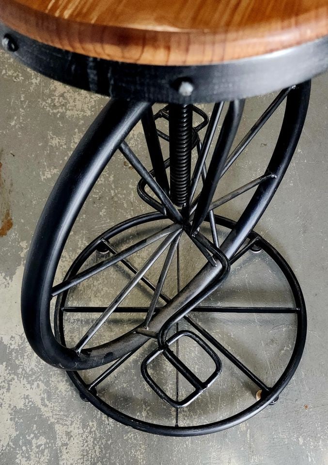 Fantastic vintage handmade iron unicycle style bar stool w/ wooden seat. Perfect for kitchen or den. - 5