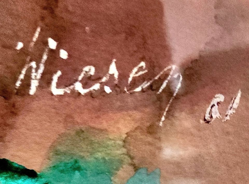 Wiesen original vintage abstract expressionist floral watercolor painting signed by artist. Circa 61 - 4