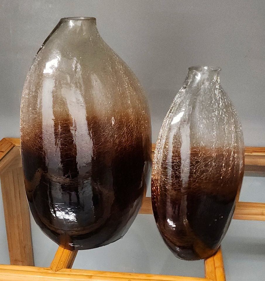 Pair of vintage art glass amber sculptural vases w/ crackled glass designed by Uttermost - 7