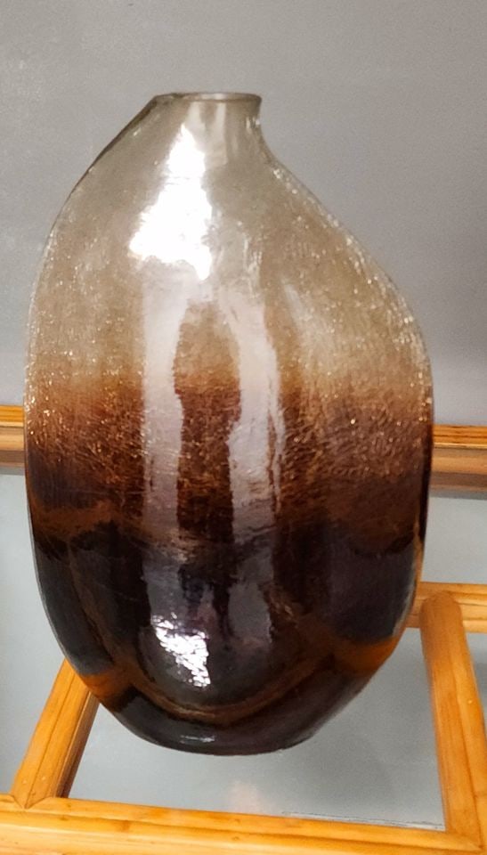 Pair of vintage art glass amber sculptural vases w/ crackled glass designed by Uttermost - 8