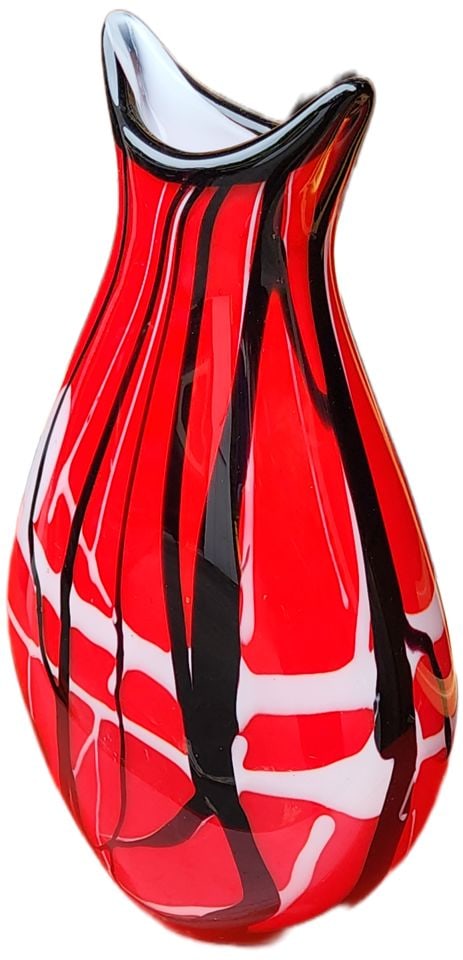 Bold teardrop red centric mid-century abstract Murano-attributed heavy art glass vase. Version 2 - 2