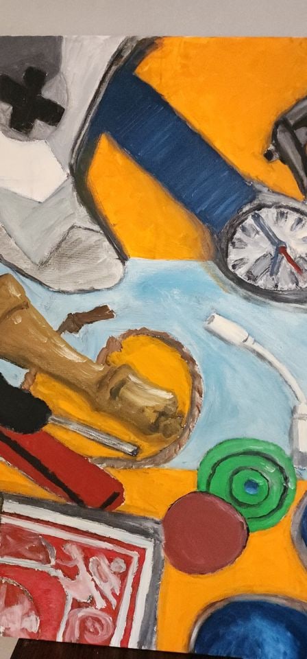 Vintage original abstract expressionist oil painting featuring contrasting objects. - 2