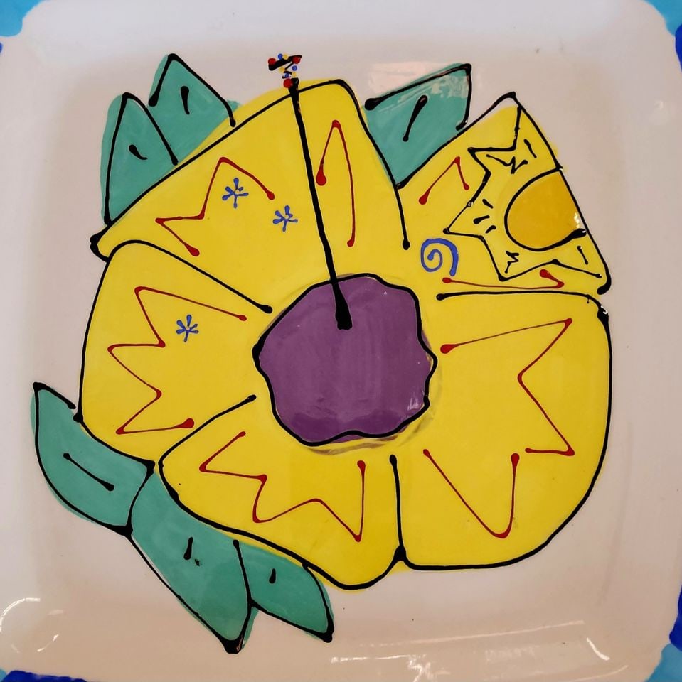 Whimsical vibrant hand- painted colorful art platter by Sandy Shelby. Circa 2006 - 2