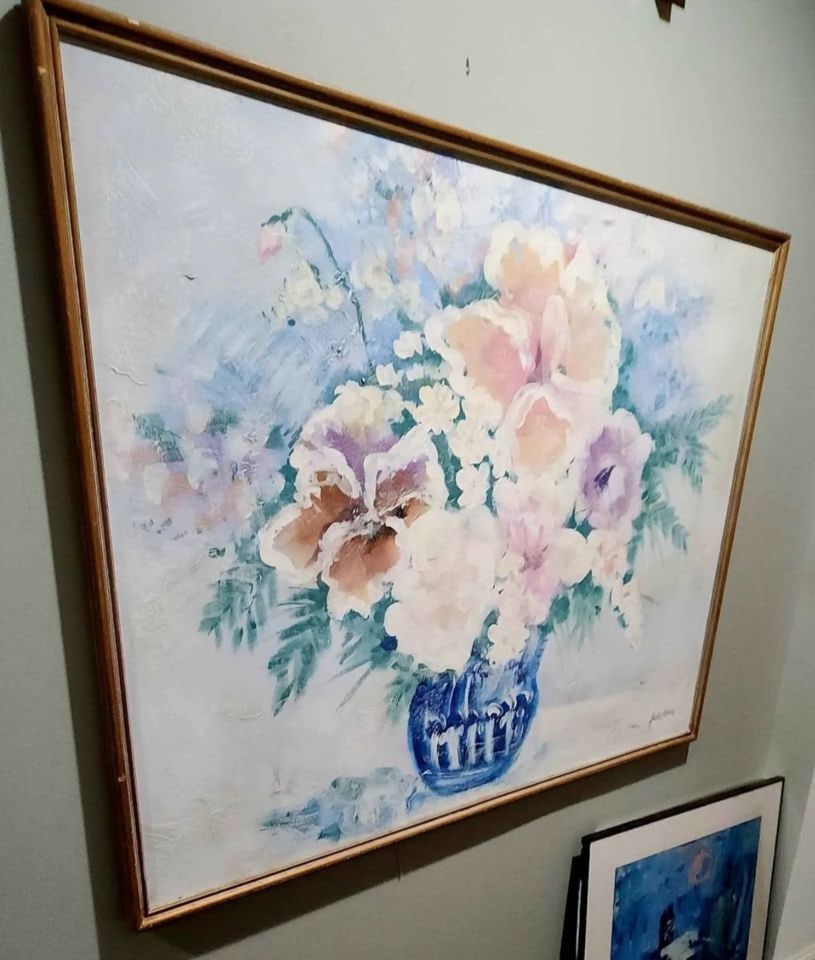 Large captivating mid-century floral still life impasto-style oil painting by Jason Adams.. Signed - 2