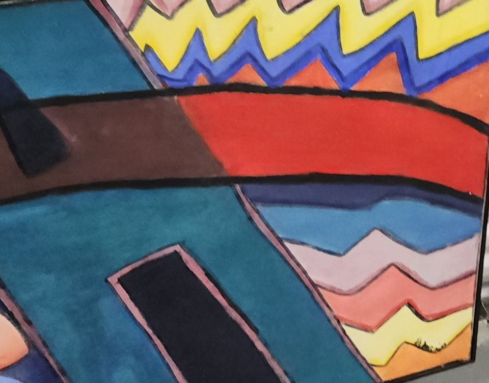 Jen Distasio vintage geometric modernist original abstract oil painting w/ vibrant colors. - 2