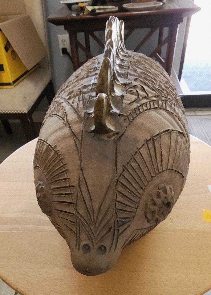 Rare Vintage Primitive Hamilton Farmhouse Earthenware Folk Art Puffer Fish Baking Dish. Signed '71. - 3