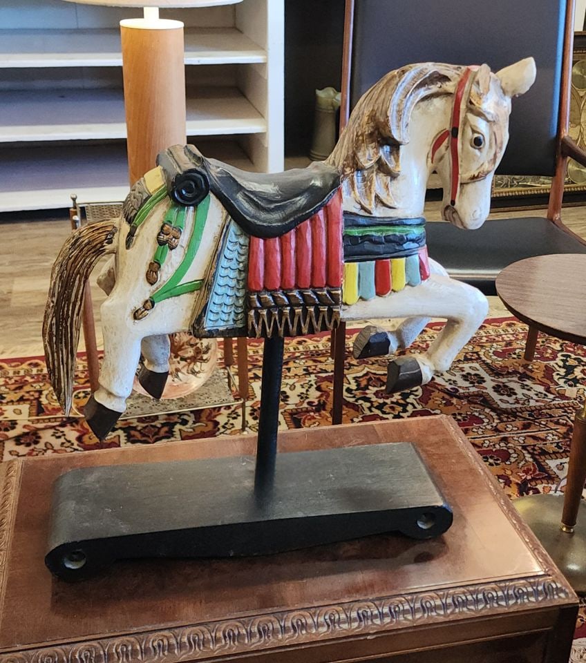 Collectible vintage folk art carved hand-painted wood carousel horse statue w/ vibrant colors. 12x15 - 2