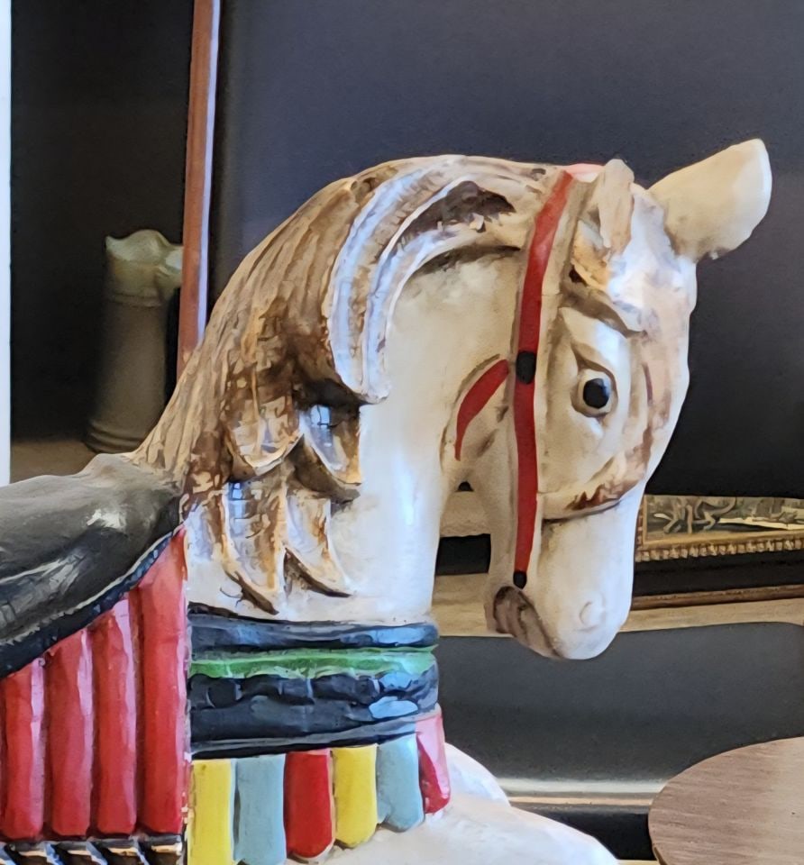 Collectible vintage folk art carved hand-painted wood carousel horse statue w/ vibrant colors. 12x15 - 3