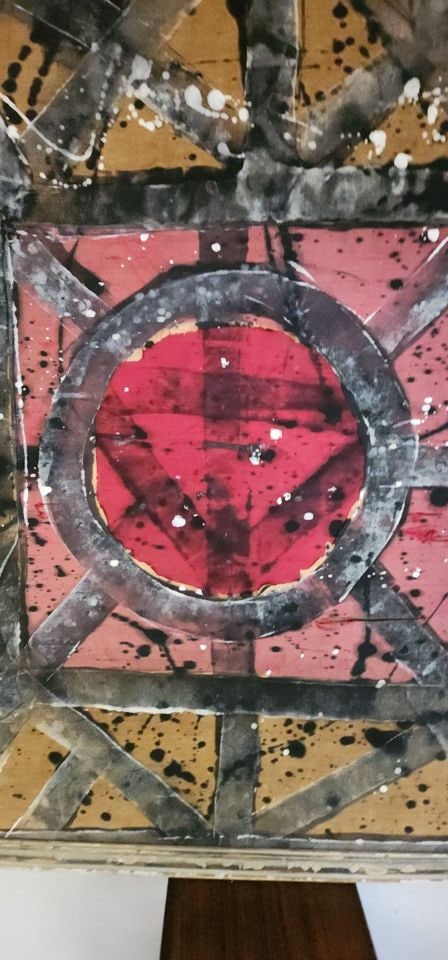 Captivating abstract mid-century brutalist mixed media painting on silk over canvas. 42"x 55" - 2