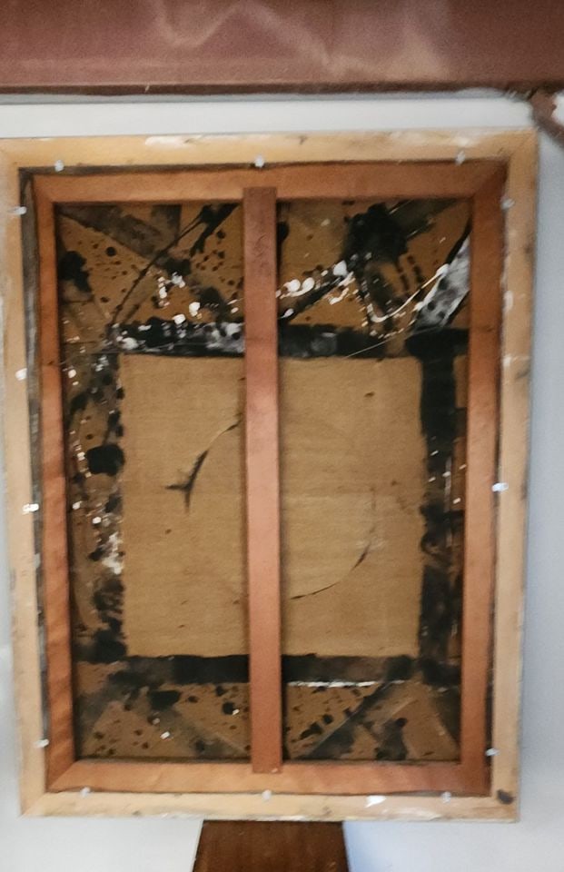 Captivating abstract mid-century brutalist mixed media painting on silk over canvas. 42"x 55" - 4