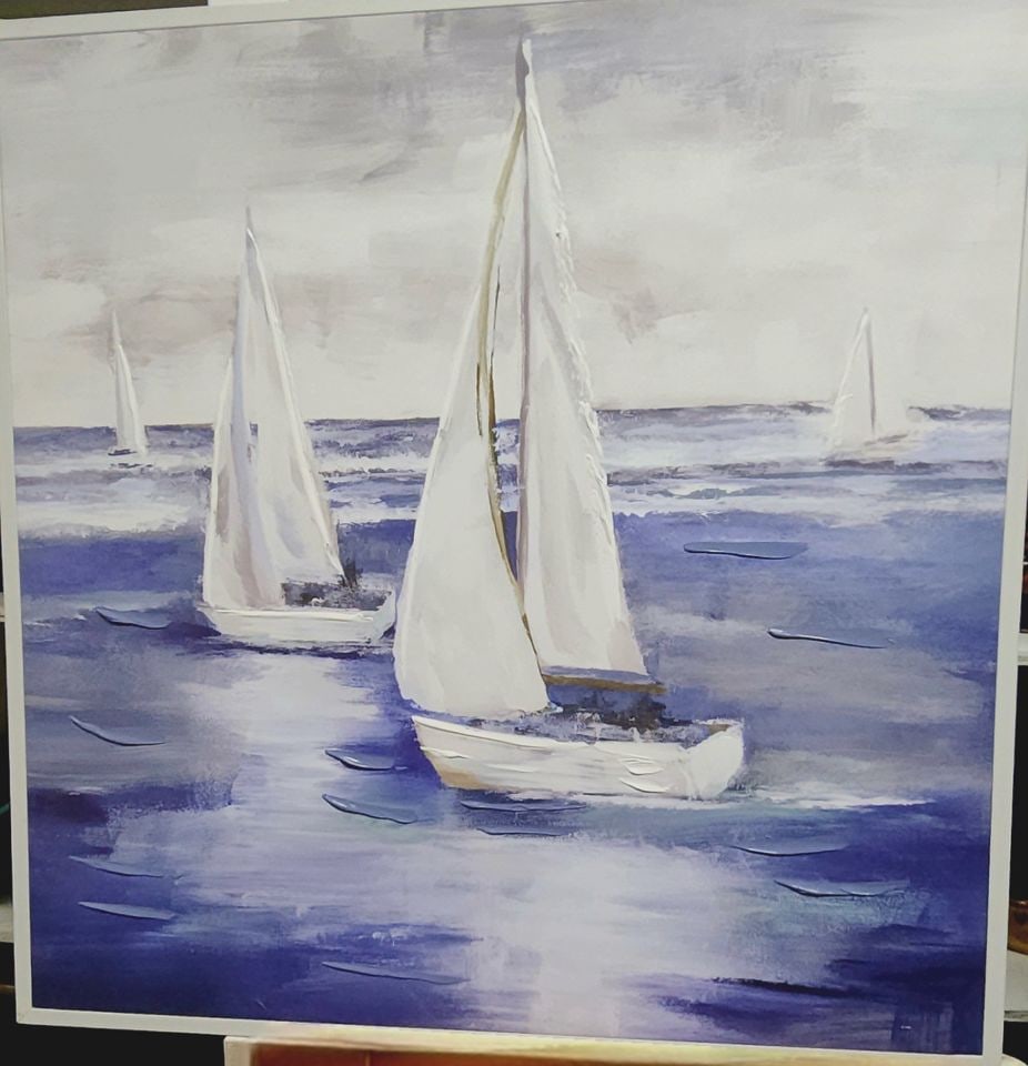 Impressionist impasto-style oil painting on canvas featuring sailboats on the water. (1 of 2)