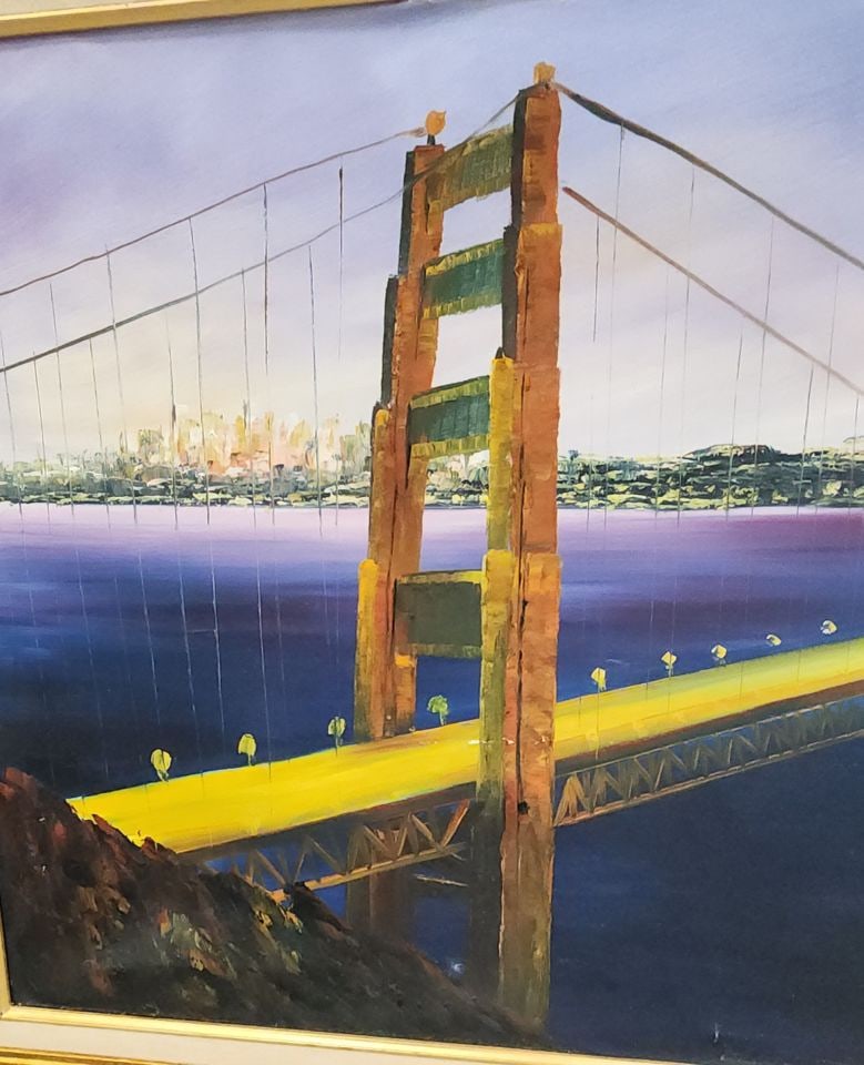 Vintage impressionist oil painting of the Golden Gate Bridge at San Francisco Bay. Signed by artist. - 2