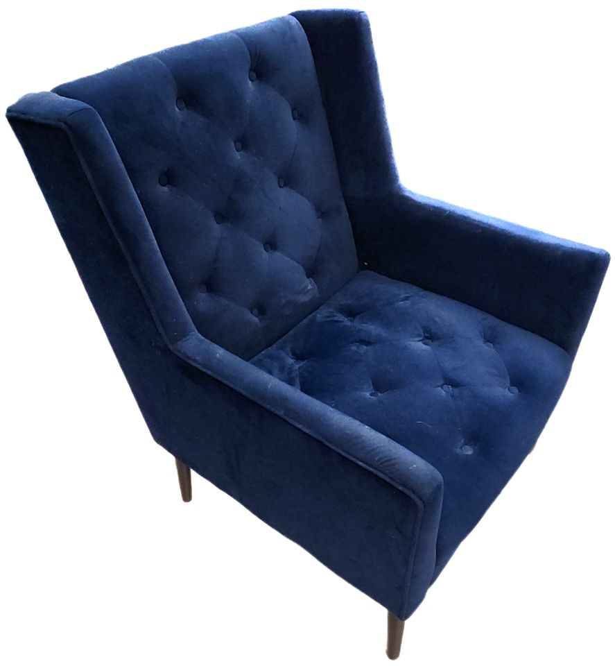 Mid-Century modern luxury designer upholstered oversize accent chair w/ rich dark blue velvet fabric (1 of 3)