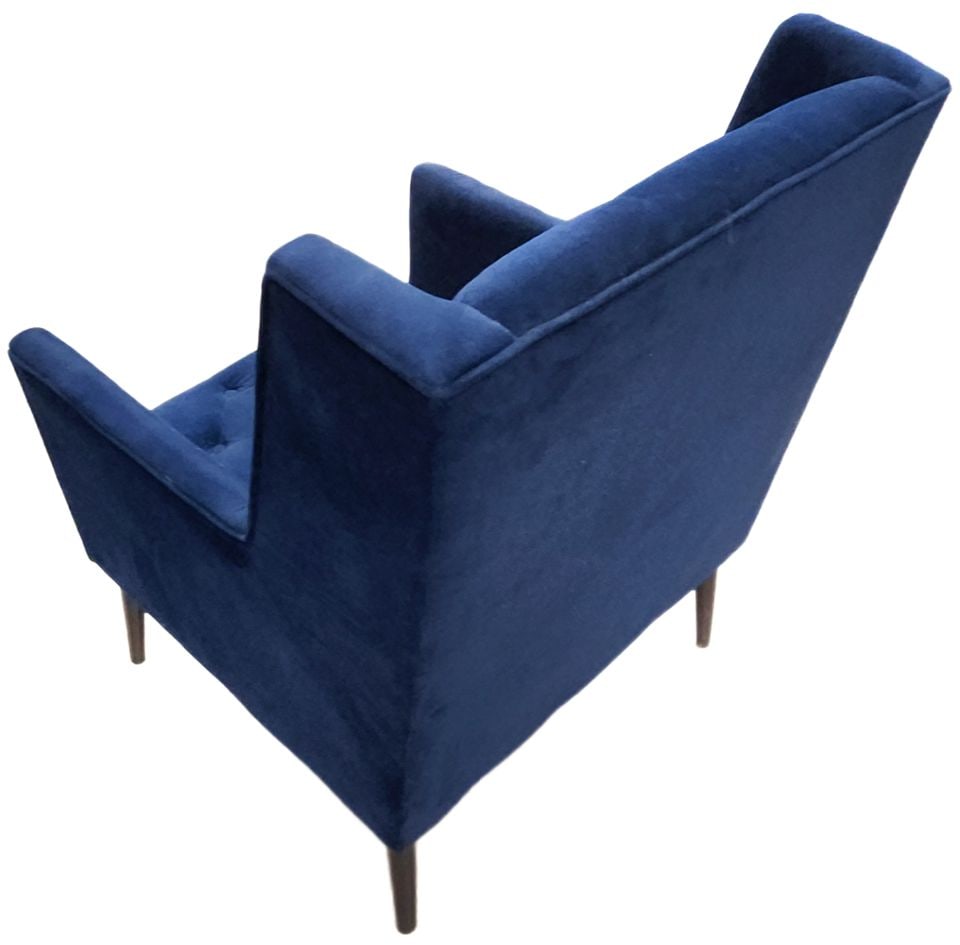Mid-Century modern luxury designer upholstered oversize accent chair w/ rich dark blue velvet fabric - 3