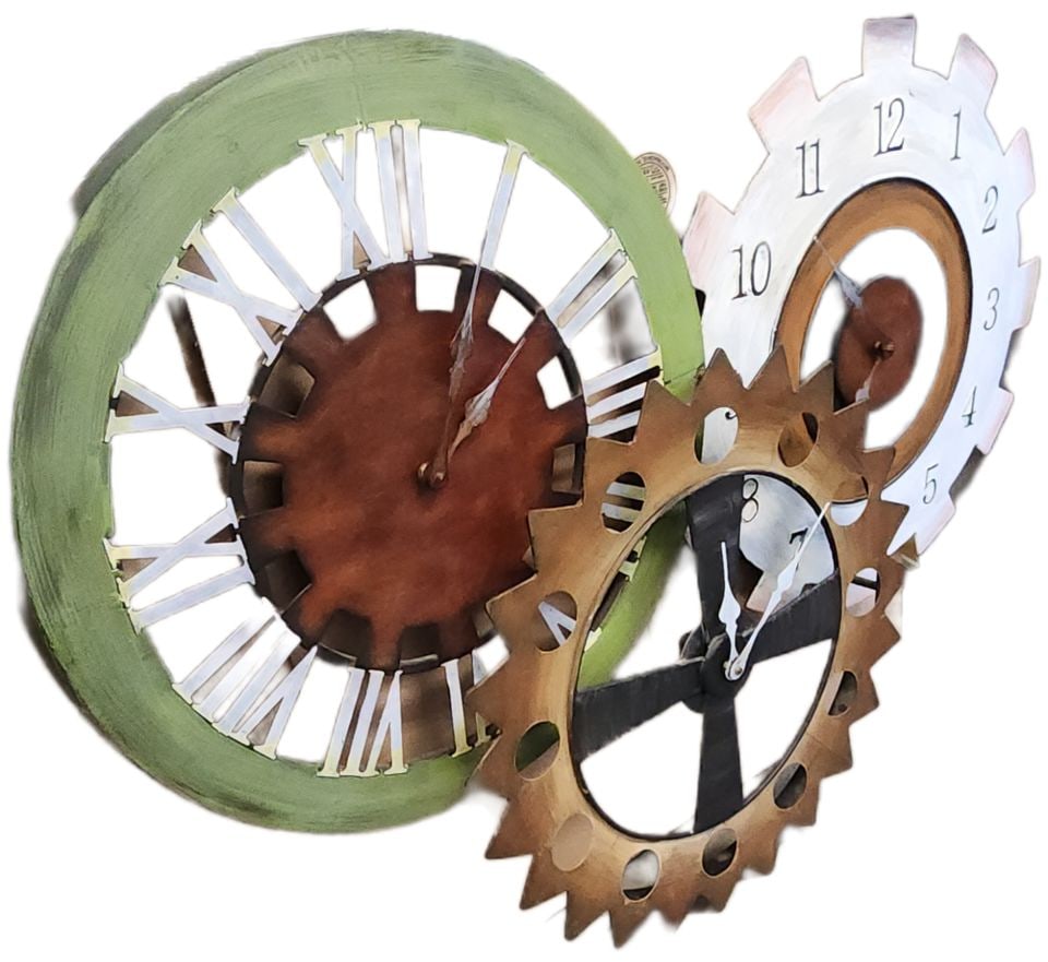 Fantastic vintage working triple clock hand-painted steel wall sculpture. 40" x 30" - 2
