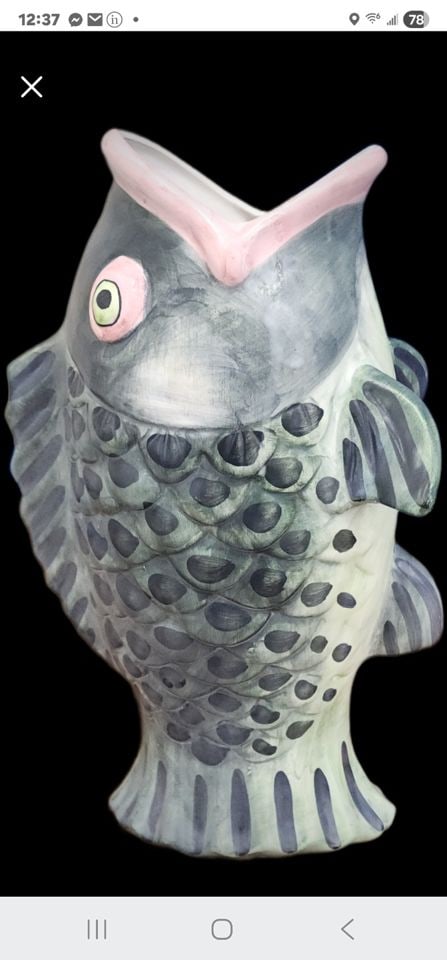 Vintage folk art rare hand-painted ceramic Gluggle fish pitcher jug. - 2